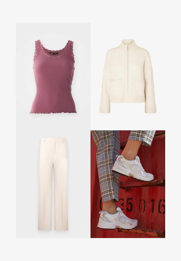 Skraćeni krem pulover s visokim ovratnikom, prednjim patentnim zatvaračem i dva prednja džepa. Izrađen od mekog, pletenog materijala s rebrastim detaljima.; Rebraasti ružičasti majica bez rukava s valovitim rubom i čipkastim obrubom oko izreza i naramenica, izrađena od mekog, rastezljivog materijala.; Bež hlače s ravnim nogavicama, izrađene od lagane tkanine. Imaju prednje nabore i klasičan pojas.; Bijele mrežaste tenisice sa srebrnim akcentima i teksturiranom potplatom, postavljene na crvenu površinu, u kombinaciji s kariranim hlačama.
