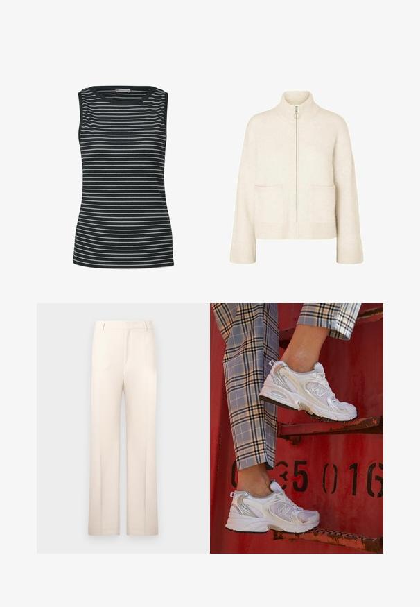 Beskuren krämfärgad tröja med hög krage, framdragkedja och två framfickor. Tillverkad av mjukt stickat tyg med ribbade detaljer.; Ärmlös topp med ribbad textur, med mörkgrå och vita horisontella ränder, rund halsringning och figurnära design.; Beige skräddarsydda byxor med rak bendesign, tillverkade av lättviktsmaterial. Har framfickor och en klassisk midja.; Vita nät-sneakers med silverdetaljer och en texturerad sula, placerade på en röd yta, tillsammans med rutiga byxor.