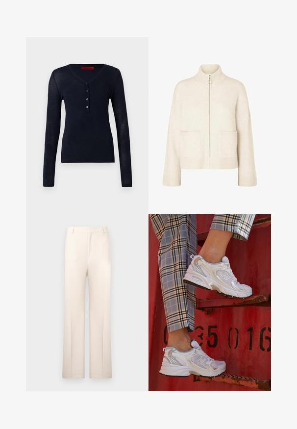 Zkrácený krémový svetr s vysokým límcem, předním zipem a dvěma předními kapsami. Vyrobeno z měkké pleteniny s žebrovanými detaily.; Dlouhý rukáv, tmavě modrý top vyrobený z lehké látky, který má výstřih do V a design s pěti knoflíky. Hladký povrch bez vzorů.; Růžové upravené kalhoty s rovnými nohavicemi, vyrobené z lehké látky. Má přední sklady a klasický pas.; Bílé síťované tenisky se stříbrnými akcenty a texturovanou podrážkou, umístěné na červeném povrchu, zkombinované s kostkovanými kalhotami.