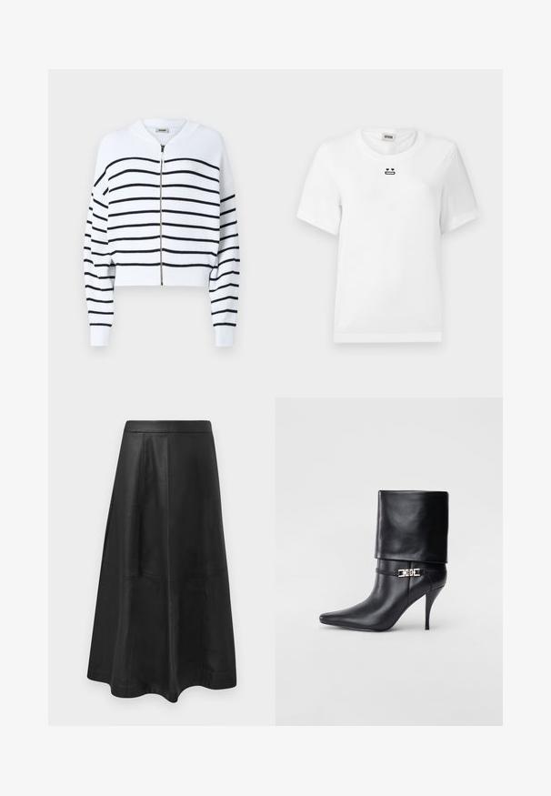 White cropped sweater with black horizontal stripes, ribbed texture, zip front, and a round neckline. Features dropped shoulders and fitted cuffs.; White cotton t-shirt with short sleeves, featuring a small black graphic design of a face with heart eyes and a straight mouth on the chest.; Black leather midi skirt with a flared silhouette, featuring seam detailing and a smooth texture. No visible hardware or accents.; Black leather ankle boot with a pointed toe, high stiletto heel, fold-over cuff, and a gold decorative buckle detail on the ankle.
