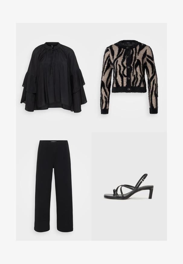 Vero Moda Petite VMVALENTINA O NECK CARDIGAN - Cardigan - black/silver mink; Blusa nera con scollatura rotonda, dettaglio con cordoncino e maniche svasate a strati. Realizzata in tessuto leggero con una consistenza morbida.; Pantaloni neri a gamba larga con cintura elastica. Realizzati in un materiale testurizzato, presentano una vestibilità ampia e un taglio dritto dalla vita all'orlo.; Sandalo nero con cinturini, dalla punta squadrata e tacco basso a blocco. Presenta diversi cinturini sottili e una cinturini regolabile alla caviglia. Realizzato in pelle liscia.