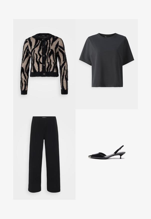 Vero Moda Petite VMVALENTINA O NECK CARDIGAN - Kardigán - black/silver mink; Čierne bavlnené tričko, krátke rukávy, okrúhly výstrih, voľný strih, hladká textúra, jednoduchý dizajn, bez vzorov alebo akcentov.; Čierne široké nohavice s elastickým pásom. Vyrobené z textúrovanej látky, s voľným strihom a rovným strihom od pásu po lem.; Čierne lakované lodičky so sklonom, so špicatou špičkou, kovovým akcentom na špičke a tenkým klinovým podpätkom. Hladká textúra, minimalistický dizajn.