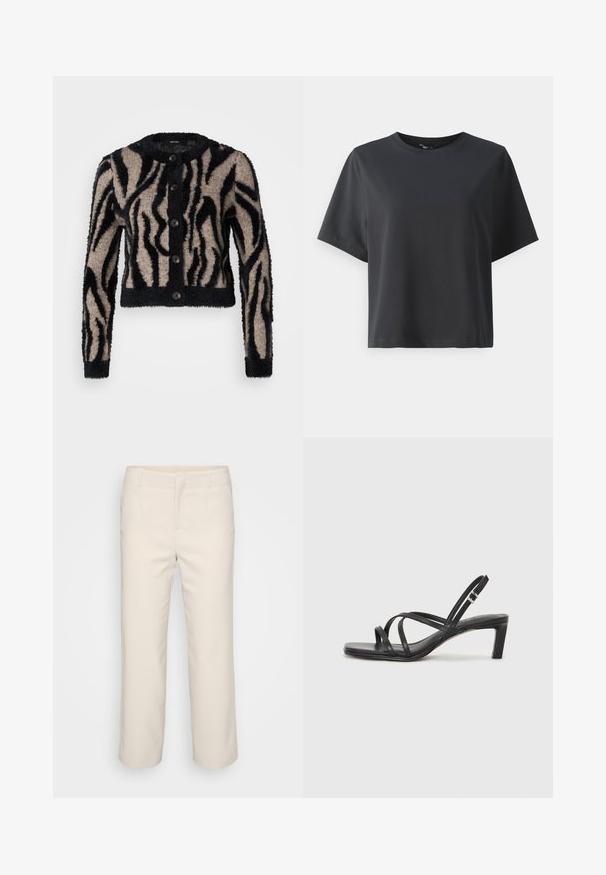Vero Moda Petite VMVALENTINA O NECK CARDIGAN - Kardigán - black/silver mink; Čierne bavlnené tričko, krátke rukávy, okrúhly výstrih, voľný strih, hladká textúra, jednoduchý dizajn, bez vzorov alebo akcentov.; Bežové, priliehavé nohavice so strihom rovného strihu, plochým predným dielom a dvomi bočnými vreckami. Vyrobené z hladkej látky s čistým dokončením.; Čierne sandále na vysokom podpätku so štvorcovou špičkou a nízkym blokovým podpätkom. Obsahujú viacero tenkých popruhov a nastaviteľný členkový popruh. Vyrobené z hladkej kože.