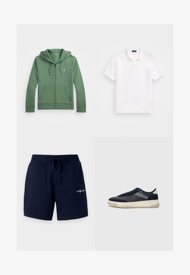 Zaļš izspēlējams kapuce ar mīkstu audumu, kuram ir liela kapuce, divas priekšējās kabatas un neliels izšūts logo uz krūtīm.; Balts polo krekls, izgatavots no kokvilnas, ar divu pogu aizdari, īsām piedurknēm un smalku logotipu kreisajā krūtīs. Gluda tekstūra.; Tumši zili kokvilnas šorti ar elastīgu jostasvietu, auklu, sānu kabatām un izšuvumu uz kreisā kājstaļa. Gluda tekstūra.; BOSS BALTIMORE - Sporta apavi - open blue