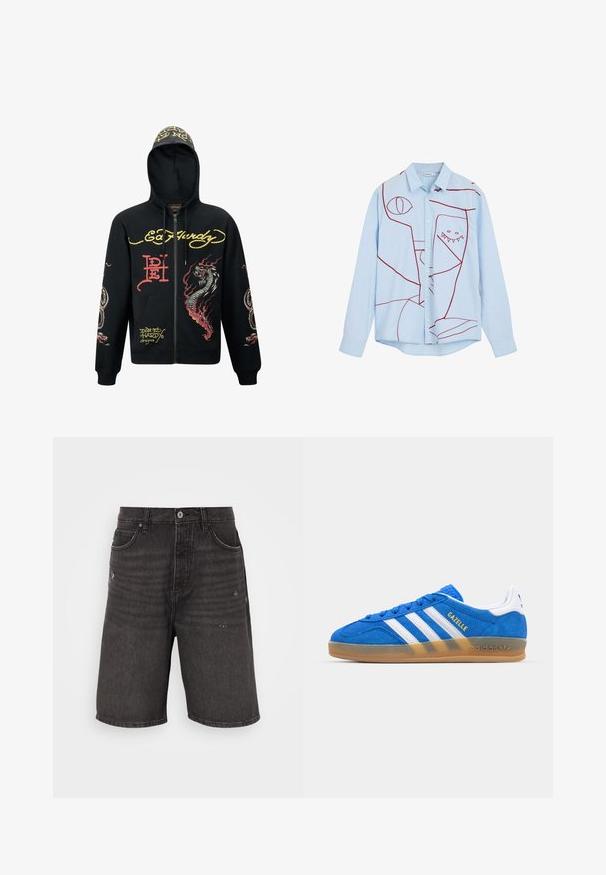 Zwarte rits hoodie met capuchon, voorzien van kleurrijke draak- en slangafbeeldingen, gestructureerde stof, ribgebreide boorden en logo-accenten.; Lichtblauwe button-up shirt met rode abstracte borduursels, waaronder ogen en een tandige ontwerp, met een klassieke kraag en lange mouwen.; Zwarte denimshorts met een ontspannen pasvorm, voorzien van frontzakken, een verouderde textuur en een klassieke tailleband met een enkele knoopsluiting.; Blauwe suède sneakers met witte strepen en het woord "Gazelle". Beschikt over een gumrubberen zool en textuuraccenten op de bovenkant. Klassiek ontwerp.