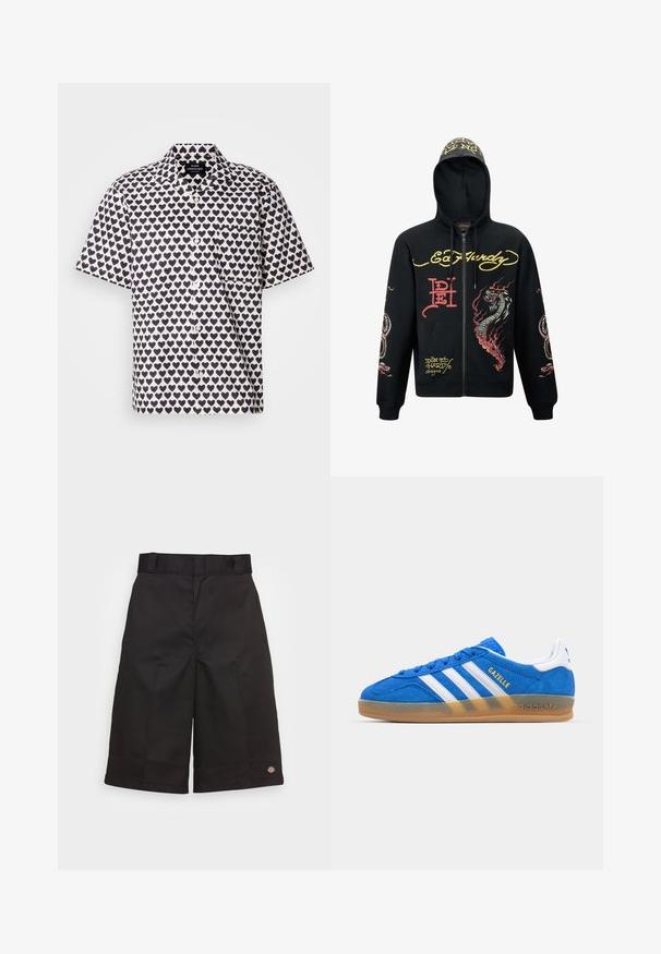 Černá mikina s kapucí na zip, zdobená barevnými grafikami draka a hada, texturovanou tkaninou, žebrovanými manžetami a logovými akcenty.; Krátký rukáv košile z bílé látky s námořnickým vzorem srdce. Obsahuje přední zapínání na knoflíky, límeček a kapsu na levé straně hrudi.; Černé bavlněné šortky s rovnými nohavicemi, délka po kolena, s viditelným logem značky na lemu a hladkou texturou.; Modré semišové tenisky s bílými pruhy a textem "Gazelle". Mají gumovou podešev a texturované akcenty na svršku. Klasický design.