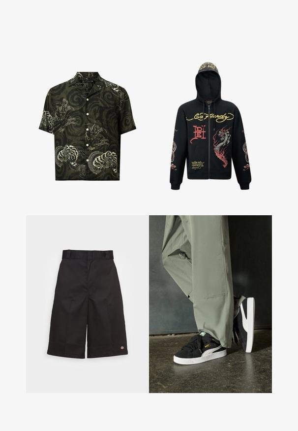 Sudadera negra con cremallera y capucha, que presenta gráficos coloridos de dragones y serpientes, tejido texturizado, puños acanalados y acentos de logo.; Camisa de manga corta en algodón verde oscuro con patrones de dragones blancos y flores, que presenta un cuello con muesca y cierre de botones en la parte delantera.; Bermudas de algodón negras de corte recto, hasta la rodilla, con un logotipo visible en el dobladillo y una textura suave.; Zapatillas de ante negras con suelas de goma blancas y rayas laterales, combinadas con pantalones cargo verde claro, de pie sobre una superficie oscura texturizada.