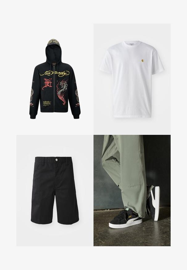 Haut de hoodie noir zippé avec une capuche, présentant des graphismes colorés de dragon et de serpent, un tissu texturé, des poignets côtelés et des accents de logo.; T-shirt en coton blanc à manches courtes, col rond, avec un petit logo doré sur la poitrine gauche. Texture douce et coupe régulière.; Shorts en coton noir avec une coupe droite, des passants de ceinture, une fermeture à bouton en métal et sans motifs ni accents visibles.; Baskets en daim noir avec des semelles en caoutchouc blanc et des rayures sur les côtés, associées à un pantalon cargo vert clair, posées sur une surface sombre texturée.