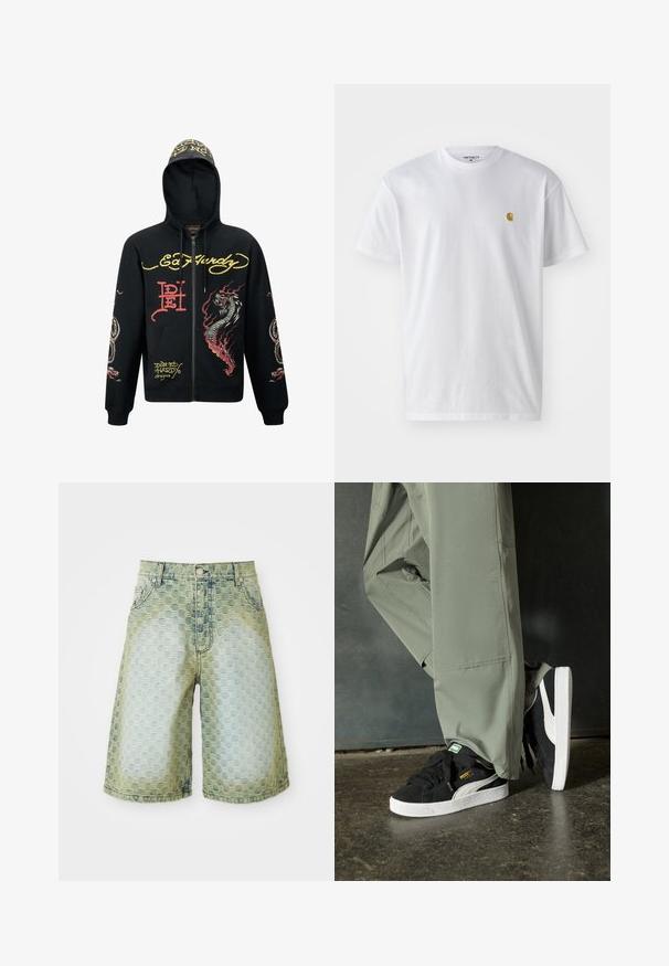 Černá mikina s kapucí na zip, zdobená barevnými grafikami draka a hada, texturovanou tkaninou, žebrovanými manžetami a logovými akcenty.; Bílé bavlněné tričko s krátkým rukávem a kulatým výstřihem, s malým zlatým logem na levé straně hrudi. Měkká textura a klasický střih.; Džínové šortky s texturovaným vzorem, světle modrým až zeleným gradientem, klasickým pětipocketovým designem a kovovým knoflíkem na zapínání.; Černé semišové tenisky s bílými gumovými podrážkami a bočními pruhy, spárované se světle zelenými cargo kalhotami, stojící na texturovaném tmavém povrchu.