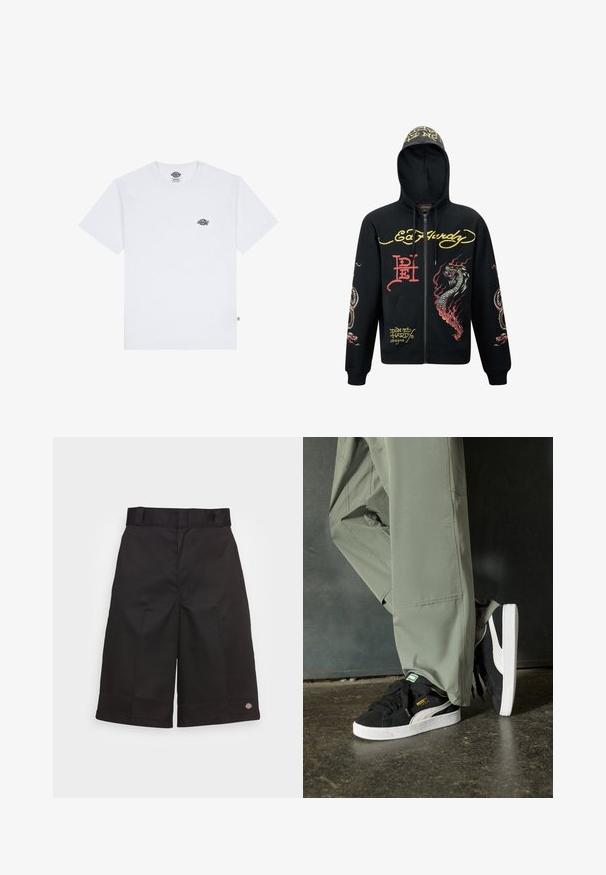 Schwarze Zip-Hoodie mit Kapuze, mit bunten Drachen- und Schlangengrafiken, strukturiertem Stoff, gerippten Bündchen und Logoakzenten.; Weißes Baumwoll-T-Shirt mit kurzen Ärmeln, das ein kleines schwarzes Logo auf der Brust und ein Etikett in der unteren linken Ecke aufweist.; Schwarze Baumwollshorts mit geradem Schnitt, knielang, mit sichtbar eingesticktem Markenzeichen am Saum und einer glatten Textur.; Schwarze Wildleder-Sneaker mit weißen Gummisohlen und seitlichen Streifen, kombiniert mit hellgrünen Cargo-Hosen, stehen auf einer strukturierten dunklen Oberfläche.