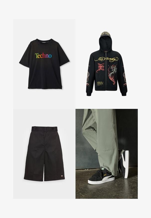Czarna rozpinana bluza z kapturem, z kolorowymi grafikami smoka i węża, teksturowana tkanina, ściągacze u rękawów oraz akcenty z logo.; Czarna koszulka z krótkim rękawem z napisem „Techno” wydrukowanym dużymi, kolorowymi literami na klatce piersiowej, z delikatnymi zniszczeniami w okolicy dekoltu.; Czarne bawełniane szorty o prostym kroju, do kolan, z widocznym logo marki na dole oraz gładką fakturą.; Czarne zamszowe trampki z białymi gumowymi podeszwami i bocznymi paskami, w połączeniu z jasnoszarymi spodniami cargo, stoją na teksturowanej ciemnej powierzchni.