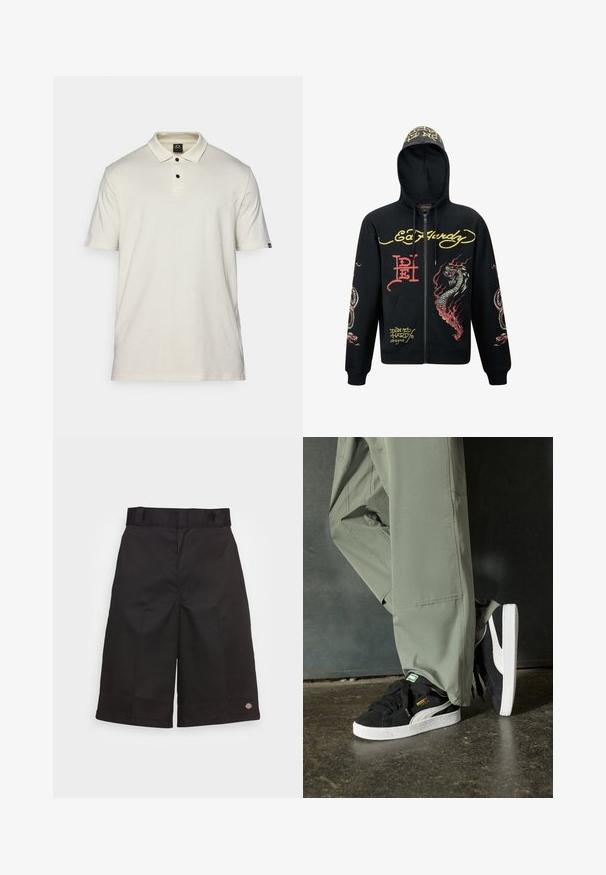 Felpa nera con zip e cappuccio, caratterizzata da grafiche colorate di draghi e serpenti, tessuto testurizzato, polsini a costine e dettagli con logo.; Polo a maniche corte in cotone beige chiaro, con colletto classico, pattina a tre bottoni e un piccolo logo sulla manica sinistra.; Pantaloni corti neri in cotone con taglio dritto, lunghi fino al ginocchio, caratterizzati da un logo del marchio ben visibile sull'orlo e una trama liscia.; Sneaker in suede nero con suole in gomma bianca e strisce laterali, abbinate a pantaloni cargo verde chiaro, in piedi su una superficie scura e texture.