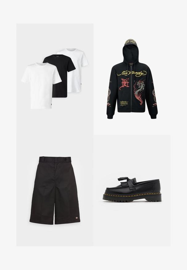 Sorte hættejakke med lynlås, der har hætte, med farverige grafik af drager og slanger, tekstureret stof, ribbede manchetter og logo-detaljer.; Tre T-shirts i hvid, sort og hvid, med korte ærmer, rund halsudskæring og lavet af blødt, åndbart bomuldsstof.; Sort bomuldsbukser med lige snit, knælange, med et synligt mærkelogo på kanten og en glat overflade.; Sort læderloafer med en frynsedetalje, der har en kraftig sort sål og gul syninger langs kanten. Teksturert overflade.