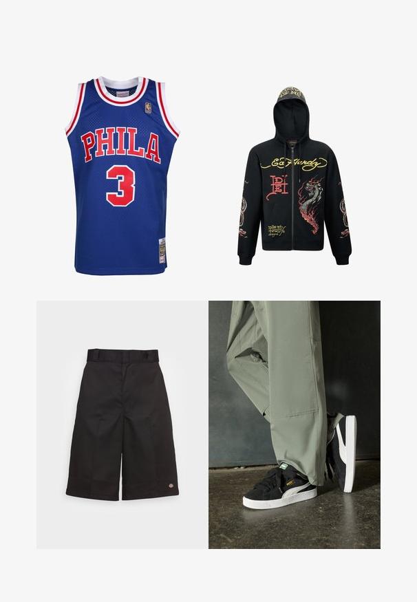 Schwarze Zip-Hoodie mit Kapuze, mit bunten Drachen- und Schlangengrafiken, strukturiertem Stoff, gerippten Bündchen und Logoakzenten.; Mitchell & Ness NBA PHILADELPHIA 76ERS - ALLEN IVERSON  - NBA-Trikot - royal; Schwarze Baumwollshorts mit geradem Schnitt, knielang, mit sichtbar eingesticktem Markenzeichen am Saum und einer glatten Textur.; Schwarze Wildleder-Sneaker mit weißen Gummisohlen und seitlichen Streifen, kombiniert mit hellgrünen Cargo-Hosen, stehen auf einer strukturierten dunklen Oberfläche.
