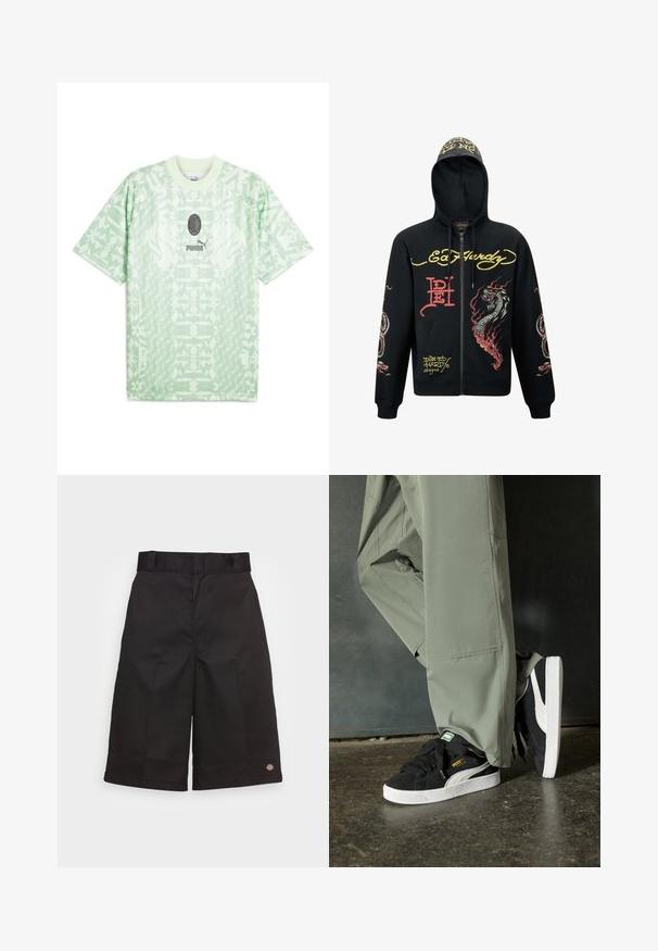 Svart zip-up hoodie med huva, med färgglada drake- och ormgrafik, texturerat tyg, ribbade ärmslut och logotypdetaljer.; Ljusgrön kortärmad t-shirt i tyg med ett mönstrat design. Har en rund halsringning och en logotyp i mitten och längst ner.; Svarta bomullsshorts med rak skärning, knälånga, med en synlig logotyp vid fållen och en slät yta.; Svarta mockaskor med vita gummisulor och sidoväggar, kombinerade med ljusgröna cargobyxor, stående på en texturerad mörk yta.