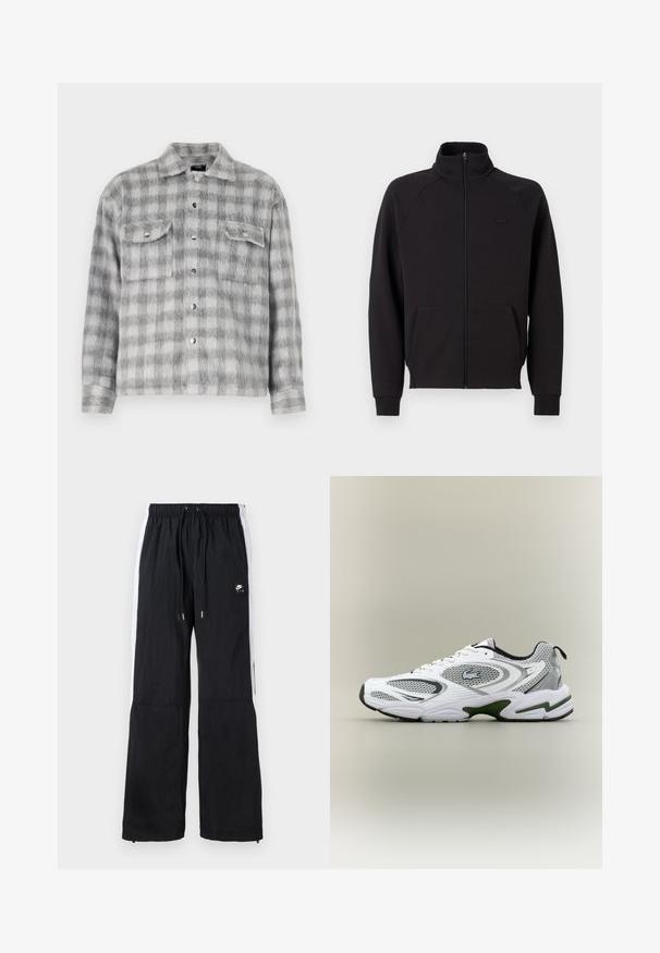 Musta vetoketjuhuppari, jossa on korkea kaulus, ribbaattiset hihansuut ja etutasku. Rinnassa on pieni musta logo. Sileä rakenne.; Harmaan ja valkoisen ruutukuosisella flanellipaidalla, joka on pehmeä ja mukava, on nappikiinnitys edessä, kaksi rintataskua ja pitkät hihnat.; Mustat urheiluhousut elastisella vyötäröllä, valkoisilla sivuviivoilla, vetskareilla varustetuilla lahkeilla sekä kumipainatuksella edessä.; Valkoiset ja harmaat urheilulliset juoksukengät, joissa on verkkomaiset paneelit, vihreät yksityiskohdat, mustat yksityiskohdat ja logo sivulla, kuvattuna ulkosivusta.