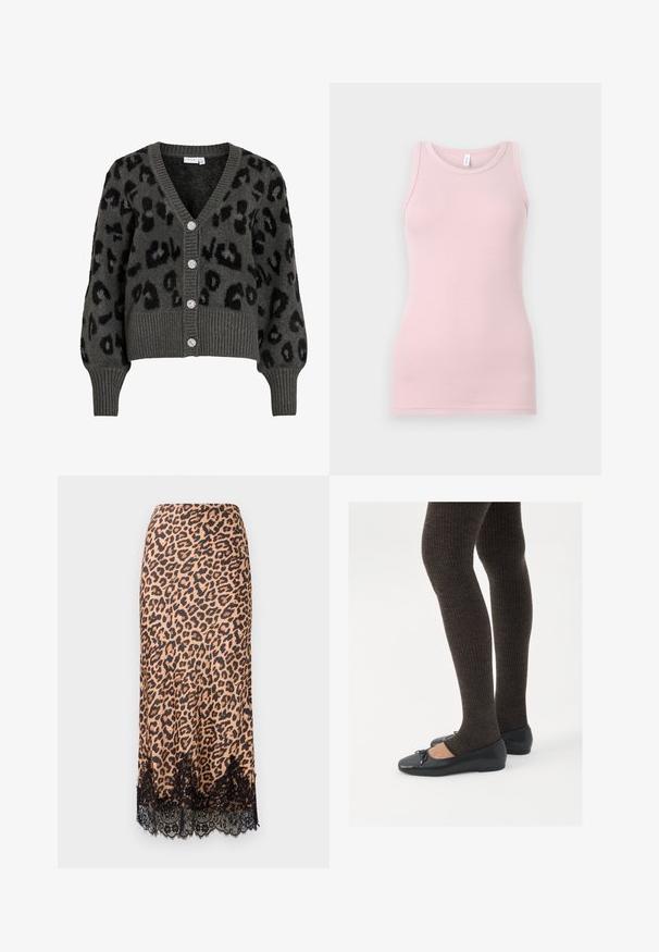 Sivi kardigan s uzorkom leopard kože, s V-izrezom, rebrastim manžetama i rubom. Ima pet sjajnih dugmadi i mekanu, teksturiranu tkaninu.; Svijetloružičasti majica bez rukava napravljena od mekog, rastezljivog materijala. Ima okrugli izrez i uske naramenice, s glatkom teksturom i prilagođenim oblikom.; Midi suknja s leopard uzorkom, izrađena od glatke tkanine, s crnim čipkastim rubom, A-linije siluete i s uskim pojasom.; Crne ravne cipele s malim mašnom na vrhu prstiju, uparene s tamnosmešnim rebrovanim čarapama. Cipele imaju glatku teksturu i nizak profil.