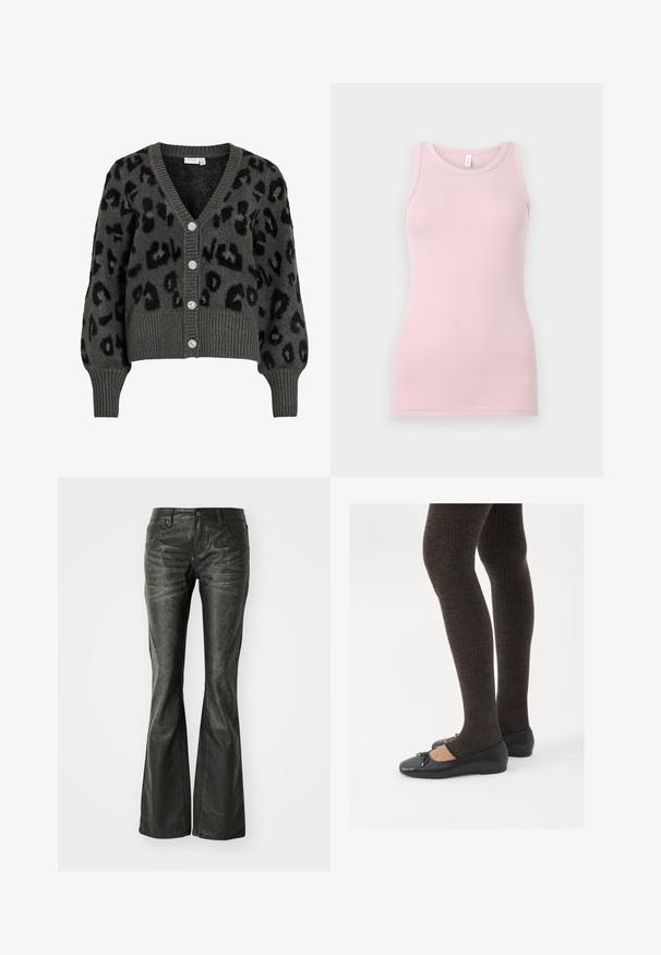 Šedý kardigan s leopardím potiskem, má výstřih do V, žebrované manžety a lem. Disponuje pěti lesklými knoflíky a měkkou, texturovanou látkou.; Světlé růžové tílko vyrobené z měkké, elastické látky. Má kulatý výstřih a úzká ramínka, s hladkou strukturou a přiléhavým střihem.; Černé kožené zvonové džíny s předními kapsami, kovovým zapínáním a mírně texturovaným povrchem. Rovný střih s dlouhým zakončením.; Černé ploché boty s malou mašlí na špičce, kombinované s tmavě hnědými žebrovanými punčochami. Boty mají hladký povrch a nízký profil.