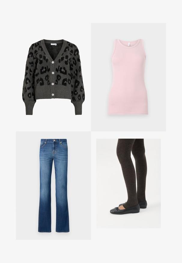 Pilkas leopardų rašto kardiganas su V formos iškirpte, raukšlėtomis rankovėmis ir apatine dalimi. Pabrėžia penkis blizgius mygtukus ir minkštą, tekstūruotą audinį.; Šviesiai rožinė liemenėlė, pagaminta iš švelnaus, tampraus audinio. Turi apvalią iškirptę ir siaurus petnešėles, su lygiu paviršiumi ir prigludusia forma.; Mėlyni džinsai su platėjančiomis kleistėmis, klasikiniu penkių kišenių dizainu, su blukinta spalvų apdaila, auksinėmis siūlėmis ir mygtukų uždarymu juosmens srityje.; Juodos plokščios bateliai su maža kaspinėlio detale prie pirštų, derinami su tamsiai rudos spalvos raukšlėtomis pėdkelnėmis. Bateliai turi lygų paviršių ir žemą profilį.