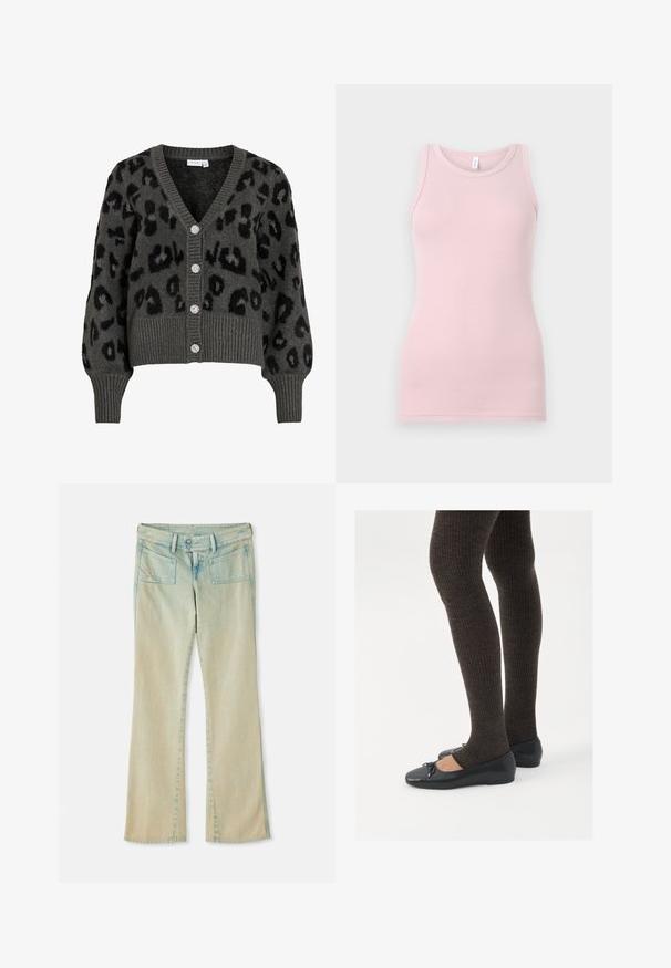 Gray leopard-print cardigan with a v-neck, ribbed cuffs, and hem. Features five shiny buttons and a soft, textured fabric.; Light pink tank top made of soft, stretchy fabric. Features a round neckline and narrow shoulder straps, with a smooth texture and fitted shape.; Light blue denim flared jeans with a faded finish, featuring belt loops, two front pockets, and two back pockets with stitching accents.; Black flat shoes with a small bow detail at the toe, paired with dark brown ribbed tights. Shoes have a smooth texture and low profile.