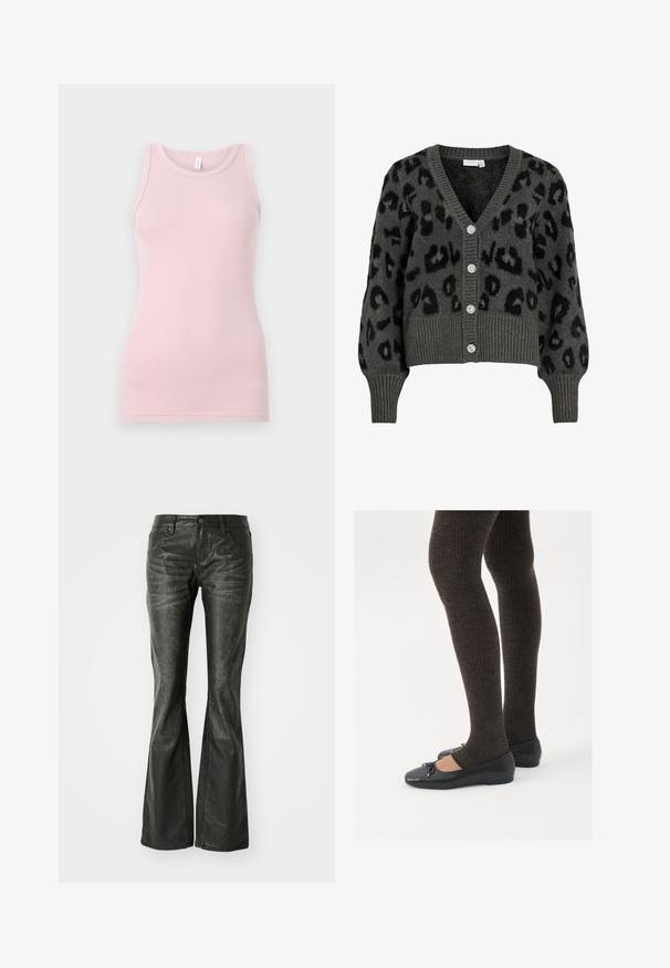 Gray leopard-print cardigan with a v-neck, ribbed cuffs, and hem. Features five shiny buttons and a soft, textured fabric.; Light pink tank top made of soft, stretchy fabric. Features a round neckline and narrow shoulder straps, with a smooth texture and fitted shape.; Black faux leather flared jeans with front pockets, a metal button closure, and a slightly textured surface. Straight leg with a long cut.; Black flat shoes with a small bow detail at the toe, paired with dark brown ribbed tights. Shoes have a smooth texture and low profile.