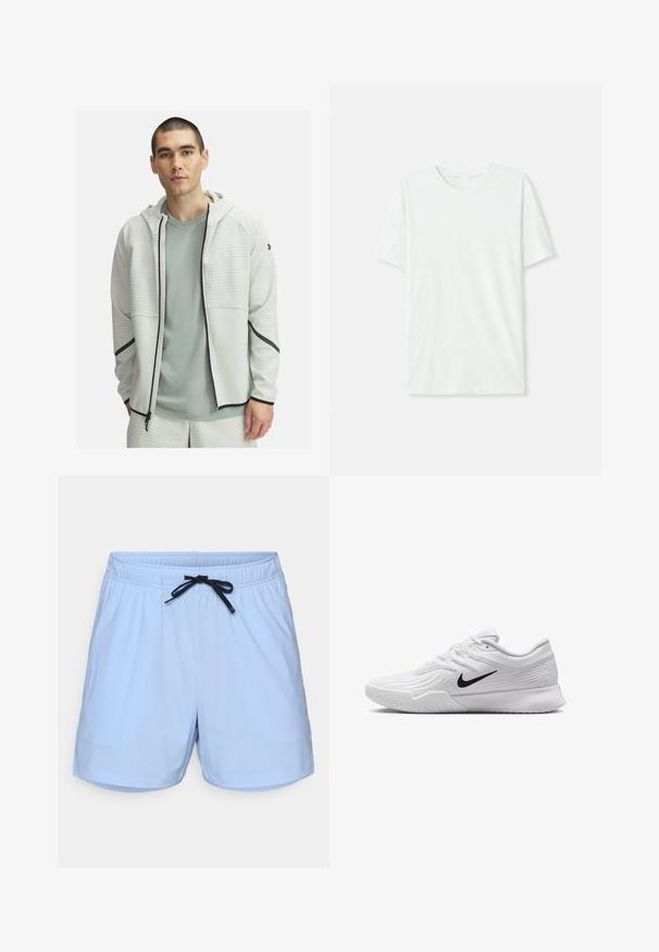 Sudadera con cremallera de color gris claro, fabricada con un tejido texturizado y una parte inferior suave, combinada con una camiseta de color verde claro. Presenta toques en negro.; Camiseta de manga corta en verde menta claro, hecha de tela suave. Presenta un cuello redondo y un corte recto simple, sin adornos.; Bañador azul claro hecho de tejido ligero, con una cinturilla elástica con cordón negro y bolsillos laterales.; Zapatilla deportiva blanca con parte superior de malla texturizada, swoosh negro de Nike, cuello acolchado y suela de goma con un patrón de taco.