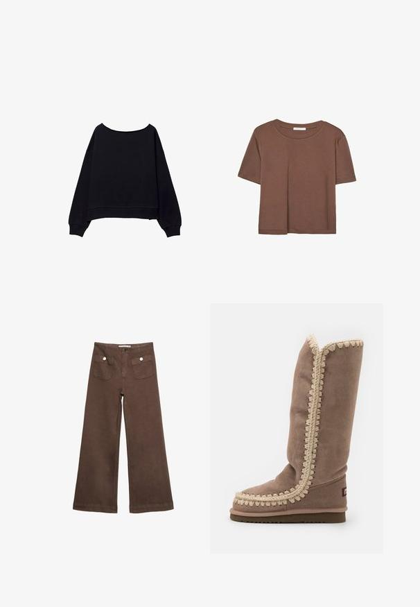 Crni dukserica s širokim izrezom, spuštenim ramenima i dugim rukavima. Izrađena od mekanog materijala, s opuštenim krojem i rebrastim rubom.; Smeđi kratki rukav majica od mekog materijala, s okruglim izrezom i opuštenim krojem. Nema vidljivih uzoraka ili naglasaka.; Smeđe široke hlače od pamuka, s dva prednja džepa sa srebrnim dugmadima i glatkom teksturom.; Visoka smeđa antilop čizma s složenim bež šavovima uz rub, zaobljenim vrhom i ravnim đonom. Jednostavan, elegantan dizajn.
