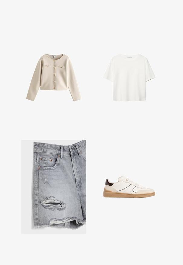 Next CREW NECK SMART - Kardigan - grey stone; Bílý krátký rukáv tričko vyrobené z bavlny. Má kulatý výstřih a volný střih. Hladký materiál bez viditelných vzorů nebo akcentů.; Džínové šortky v světle šedé barvě s opotřebeným materiálem, roztrhaným lemem a měděnými nýty na kapsách. Obsahují potrhané detaily na přední i zadní straně.; Stradivarius Tenisky - white