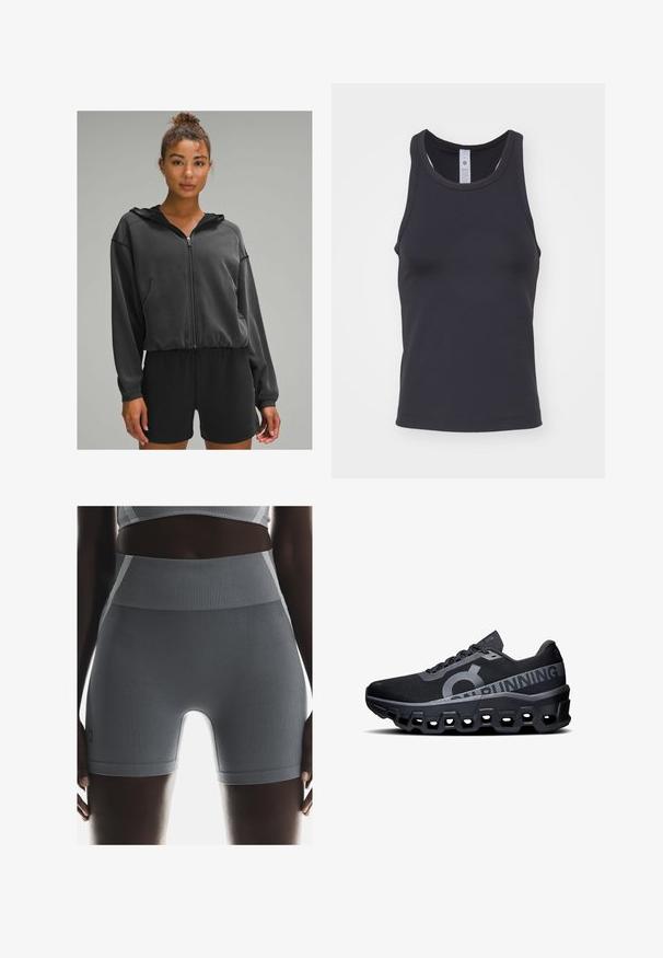 Fekete cipzáras kapucnis pulóver, hosszú ujjú, oldalsó zsebekkel és cropped fazonnal, fekete sorttal párosítva. Sima textúra.; Fekete ujjatlan felső, puha, rugalmas anyagból készült. Kerek nyakkivágással és széles vállpántokkal rendelkezik, a kényelmes illeszkedés érdekében.; Szürke bordás sportnadrágok magas derékkal, sima felülettel és testhezálló fazonnal rendelkeznek, oldalán egy kis márkacímkével kiegészítve.; Fekete futócipők texturált hálós felsőrészsel, kiemelkedő logóval és fényvisszaverő részletekkel. Vastag habtalp hatszögletű kivágásokkal.