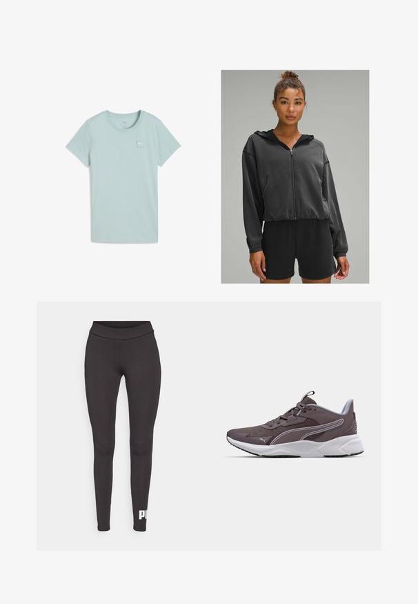 Hanorac negru cu fermoar, dotat cu glugă, cu mâneci lungi, buzunare laterale și un design cropped, asortat cu pantaloni scurți negri. Textura netedă.; Tricou scurt cu mânecă scurtă de culoare albastru deschis, realizat din bumbac moale; are o mică pată logo albă pe pieptul stâng. Design cu guler rotund.; Colanți negri dintr-un material elastic, cu un talie înaltă și un logo alb imprimat pe piciorul din stânga jos. Textură netedă.; Pantofă sport gri cu plasă superioară, talpă albă și accente contrastante. Dispune de un sistem de șireturi și o suprafață texturată pentru aderență.