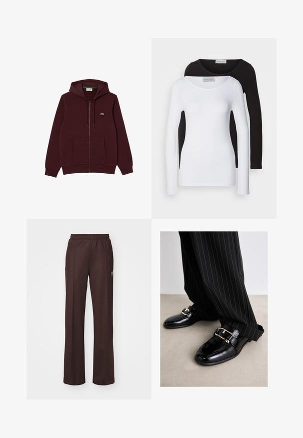 Sudadera con cremallera de color marrón hecho de tela suave, que cuenta con un bolsillo tipo canguro en la parte delantera, una capucha con cordón y un logotipo bordado en verde en el pecho.; Camisas de manga larga de algodón en blanco y negro, con escote redondo y un diseño ajustado. Etiqueta visible en el cuello.; Pantalones deportivos marrones con una cinturilla elástica, dos bolsillos laterales y un pequeño logo en el lado izquierdo, hechos de una tela suave.; Zapatos de cuero negro con un acabado brillante, que presentan una gran hebilla dorada y una correa, combinados con pantalones de rayas verticales negros.