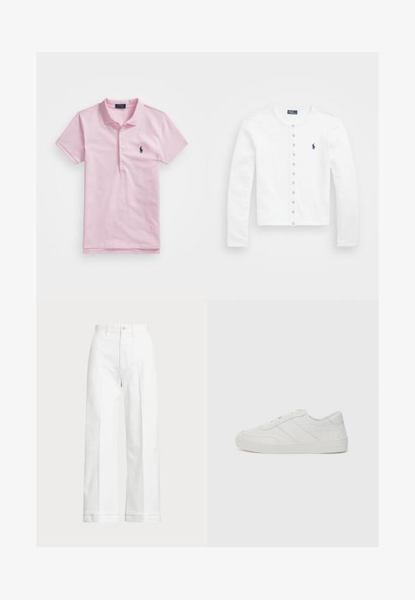 Hvit langermet cardigan laget av mykt stoff, med knappelukking og en liten marineblå hestelogo på venstre bryst.; Rosa polo-skjorte laget av bomull, med klassisk krage, tre knapper, korte ermer og en liten marineblå logo på brystet.; Hvite vidde bukser med høy midje, med knappelukking og subtile sømdetaljer. Laget av bomull med en glatt tekstur.; Hvit lær sneakers med flate lisser, avrundet tå og subtile sømdetaljer. Har en teksturert såle og preget merkevarelogo på hælen.