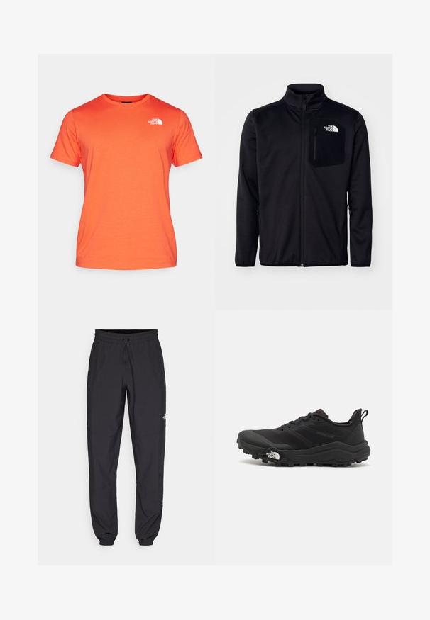 Črna zip-up jakna z visokim ovratnikom, teksturirano tkanino, stranskimi žepi in prsno žepom z logotipom. Gladka površina in lahka zasnova.; The North Face M SS BOX NSE TEE - Potiskana majica - crimson orange/black; Črne atletske hlače iz lahkega materiala, ki imajo elastični pas z vezalko, stranske žepe in zožene manšete na gležnjih.; Črne tekaške čevlje za trail s teksturirano zgornjega dela, gumijastim podplatom in ojačanim zaključkom prstov. Vključuje oblazinjen ovratnik in zanko za enostavno obuvanje.