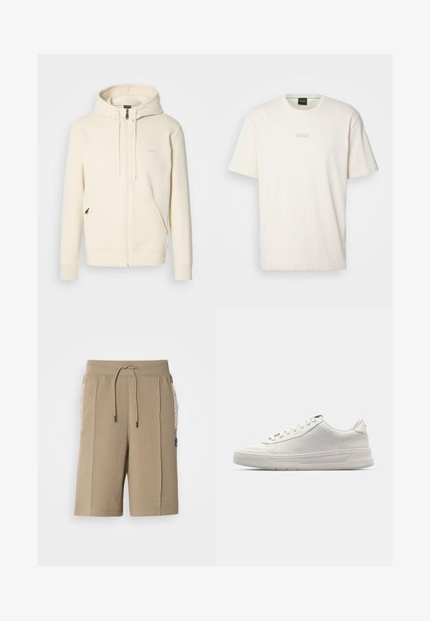 Cremefarbene Zip-Up Hoodie mit Kordelzügen, gerippten Bündchen, zwei frontalen Zip-Taschen und dezentem "BOSS"-Logo auf der Brust.; BOSS TEE - T-Shirt basic - open white; Beige Baumwollshorts mit elastischem Bund und Kordelzug. Mit gesteppter Seitentasche und einem Logopatch auf der Vorderseite.; Weiße Sneaker mit einem Obermaterial aus glattem Leder, runder Zehenpartie, Schnürverschluss und einer dicken Gummisohle. Dezentes Logo an der Seite.