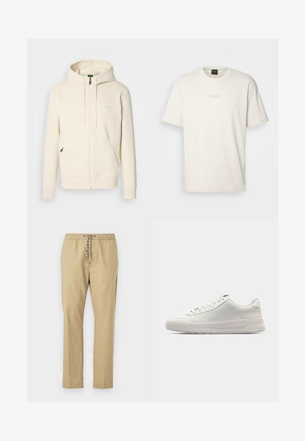 Hoodie zippé de couleur crème avec cordons de serrage, poignets à côtes, deux poches avant zippées et logo "BOSS" discret sur la poitrine.; BOSS TEE - T-shirt basique - open white; Pantalons beiges avec une taille élastique, un cordon de serrage ajustable, des jambes droites et une texture de tissu léger.; Baskets blanches avec une tige en cuir lisse, bout rond, fermeture à lacets et une épaisse semelle en caoutchouc. Logo discret sur le côté.