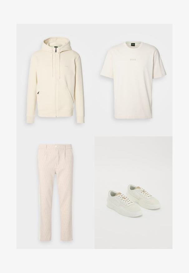Krémszínű, zippes kapucnis pulóver, zsinórral, bordázott mandzsettával, két elülső zippes zsebbel és diszkrét "BOSS" logóval a mellrészen.; BOSS TEE - Basic póló - open white; Bézs mintás nadrág, finom levélmintával, jól szabott, gombos záródással és oldalzsebekkel. Sima anyagtextúra.; Két sárgásfehér alacsony szárú sportcipő bézs kiegészítőkkel, vastag talppal és fehér fűzőkkel, sima fehér háttéren.