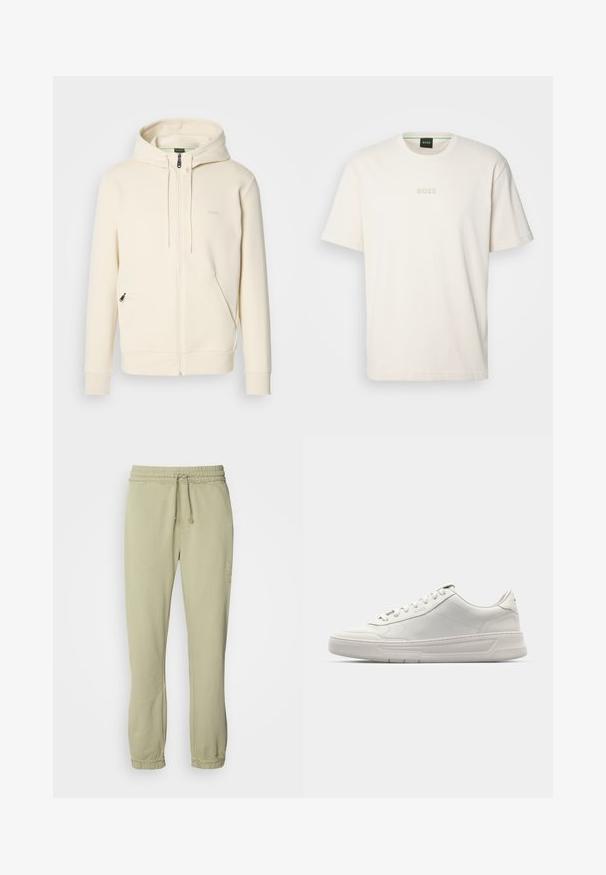 Krémová zipová mikina s kapucí a stahovacími šňůrkami, žebrovanými manžetami, dvěma předními zipovými kapsami a decentním logem "BOSS" na hrudi.; BOSS TEE - Jednoduché tričko - open white; Svetle zelené teplákové kalhoty s elastickým pasem, nastavitelným šňůrkovým stahováním a staženými manžetami. Vyrobené z měkké tkaniny, s minimalistickým designem.; Bílé tenisky s hladkým koženým svrškem, kulatou špičkou, šněrovacím uzávěrem a tlustou gumovou podešví. Nezřetelná značka na boku.