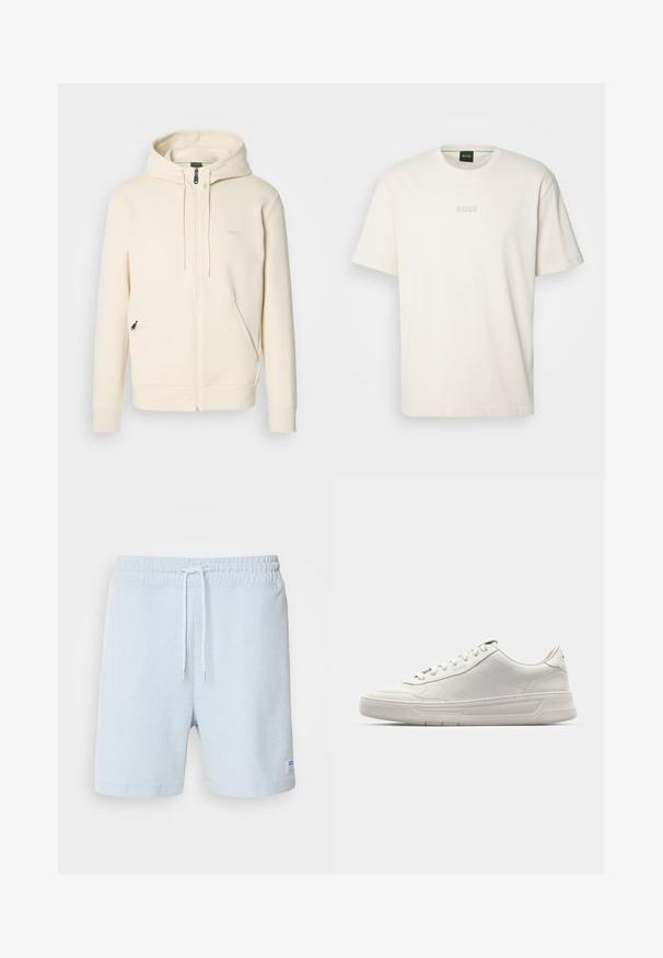 Cream-colored zip-up hoodie with drawstrings, ribbed cuffs, two front zip pockets, and subtle "BOSS" logo on the chest.; BOSS TEE - Basic T-shirt - open white; Light blue ribbed shorts with an elastic waistband, drawstring details, and a small label on the left side. Soft cotton material.; White sneakers with a smooth leather upper, round toe, lace-up closure, and a thick rubber sole. Subtle logo on the side.