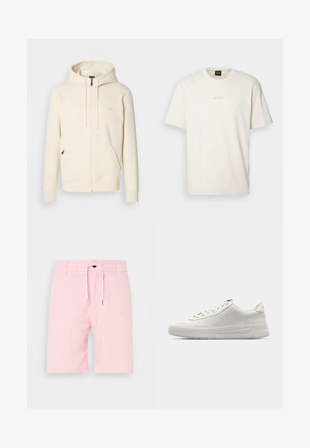 Crema krāsas zip-up hoodie ar auklītēm, ribotām aprocēm, divām priekšējām rāvējslēdzēja kabatām un mazu "BOSS" logotipu uz krūtīm.; BOSS TEE - Pamata T-krekls - open white; Gaiši rozā lina šorti ar aukliņu viduklī, kas izceļas ar gludu tekstūru, īsu garumu un maziem sānu izgriezumiem, kas nodrošina ērtību kustībai.; Baltas sporta apavi ar gludu ādas virsu, apaļu purngalu, saistēm un biezu gumijas zolīti. Uz sāna ir smalka logotipa emblēma.
