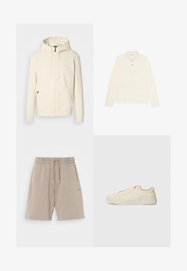 Kreemi värvi tõmblukuga kapuutsiga särk, millel on nöörid, soonikkoes mansetid, kaks esimest tõmblukuga taskut ja diskreetne "BOSS" logo rinnataskul.; Kreemivärvi pikematel varrukatel polo särk, millel on lame krae, kolme nööbiga läbilõige kuldsete nuppudega ning pehme, tekstureeritud kangas.; Beesidist puuvillased lühikesed püksid elastse vöökohaga, paelaga kinnitamine ja küljetaskud. Sujuv tekstuur, jala peal on trükitud logo.; Beige nahkased kingad ümmarguse varbaga, minimalistlik disain, peened õmbluse detailid ja tekstureeritud pealispind, heledal tallal.