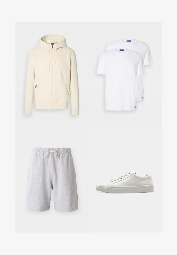 Crème kleurige zip-up hoodie met trekkoorden, geribde manchetten, twee voorzakken met rits en een subtiele "BOSS" logo op de borst.; Twee eenvoudige witte t-shirts van katoen, met korte mouwen en ronde halslijnen, voorzien van een blauw logo label nabij de zoom.; Grijze katoenen shorts met een elastische tailleband en trekkoord. Halverwege de bovenbenen, met zijnaad en een zachte textuur. Geen zakken of zichtbaar patroon.; Witte leren sneaker met een ronde neus, minimalistisch ontwerp, grijze veters en een gestructureerde grijze rubberen zool. Fijne stikdetails zichtbaar.