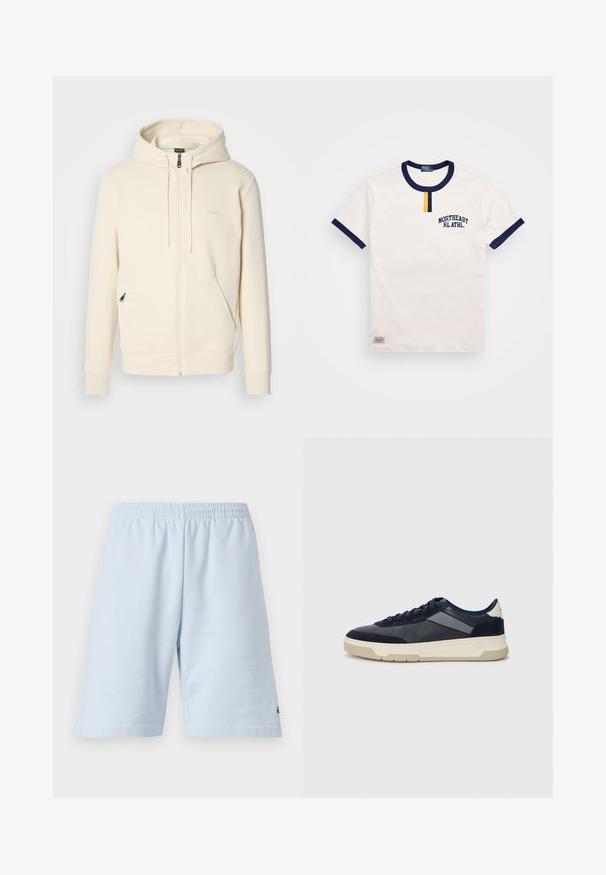 Ανοιχτόχρωμο ζακέτα με φερμουάρ και κορδόνια, ριμπ μανίκια, δύο μπροστινές τσέπες με φερμουάρ και λεπτό λογότυπο "BOSS" στο στήθος.; Λευκό βαμβακερό μπλουζάκι με στρογγυλή λαιμόκοψη και μανίκια σε ναυτικό μπλε χρώμα. Διαθέτει μια μικρή λεπτομέρεια με κίτρινο κουμπί και κεντημένη την ένδειξη "NORTHEAST RL ATHL."; Ανοιχτό μπλε βαμβακερές σορτς με ελαστική μέση. Διαθέτουν απλό, συμπαγές σχέδιο και ανοιχτό στρίφωμα. Λογότυπο στο κάτω στρίφωμα.; BOSS BALTIMORE - Αθλητικά παπούτσια - open blue