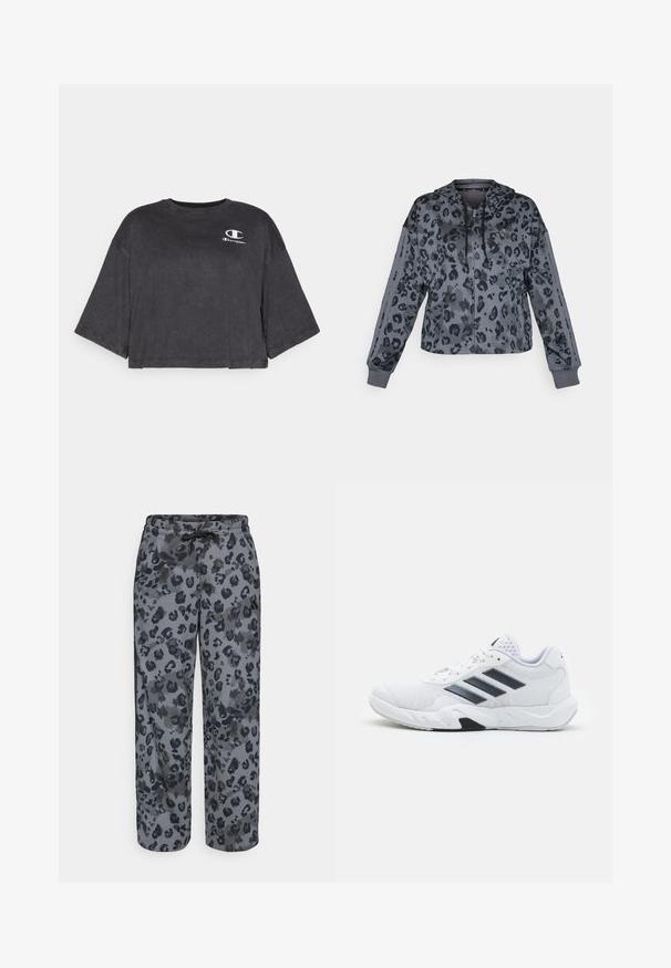Felvágott szürke kapucnis pulóver fekete leopárdmintával, húzózsinórral ellátott kapucnival, cipzáros záródással és fekete díszítéssel a ujjain.; Félbevágott fekete pamut póló kerek nyakú és széles ujjú kivitelben, amelyen egy kis fehér Champion logó található a mellkasán.; Szürke árnyalatú leopárdmintás melegítőnadrág, hozzá való zsinórral, széles lábujjú kialakítással és puha anyagtextúrával.; Fehér sportcipő, hálós felsőrésszel, az oldalon három fekete csíkkal, textúrázott részletekkel és egy tartós gumi talppal, amelynek ellentétes fekete szakasza van.
