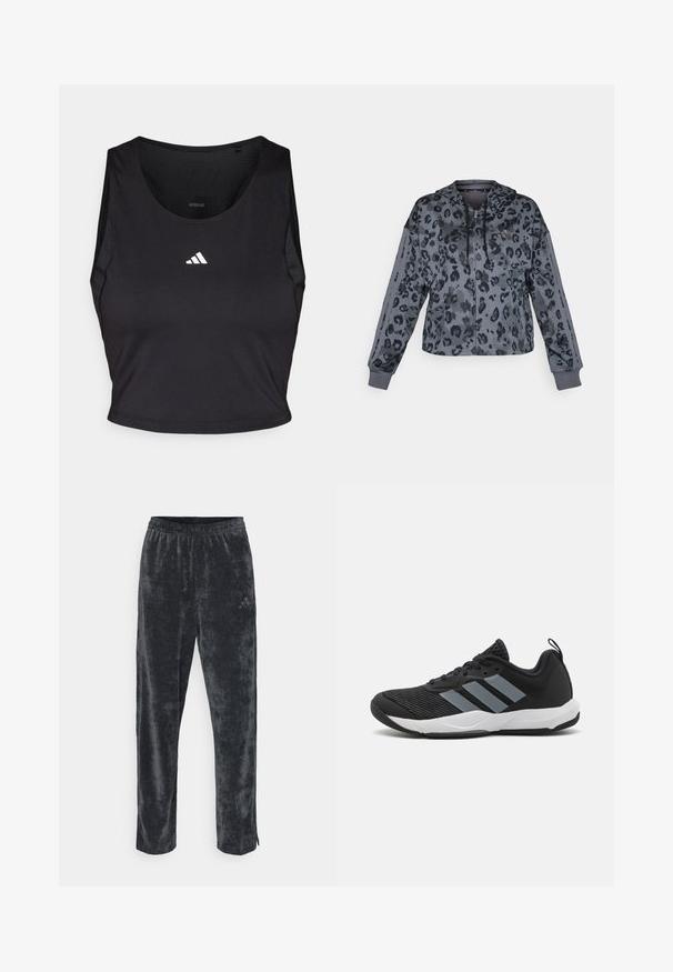 Geknipte grijze hoodie met zwart luipaardprint, voorzien van een opstaande kraag met trekkoord, ritssluiting en zwarte accenten langs de mouwen.; Zwarte sportcrop top gemaakt van vochtregulerende stof, met een ronde hals, mouwloos ontwerp en wit logo op de borst.; Grijze, zachte veloursbroek met een relaxte pasvorm, voorzien van een elastische tailleband en subtiele zijstreepjes. Klein logoaccent op de bovenben.; Zwarte sportieve schoen met lichtgrijze strepen, gestructureerde mesh bovenkant, zwarte veters en een witte zool. Voorzien van een aanhaalklep op de hiel.