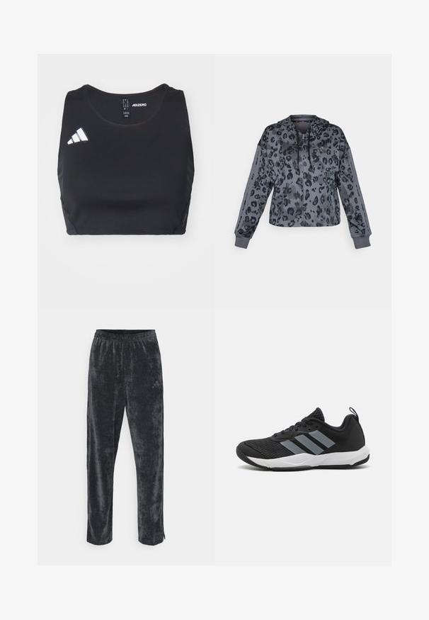 Beskarvet grå hettegenser med svart leopardmønster, med snor i hetten, glidelås og svarte detaljer langs ermene.; Svart treningstopp med kort lengde laget av elastisk materiale. Har rund halsutringning og hvit adidas-logo på venstre side. Jevn tekstur.; Grå, myk velourbukse med avslappet passform, med elastisk midje og subtile sidebånd. Lite logoakcent på låret.; Svarte joggesko med lysegrå striper, teksturert mesh-overdel, svarte snørebånd og hvit såle. Inkluderer en trekksløyfe på hælen.