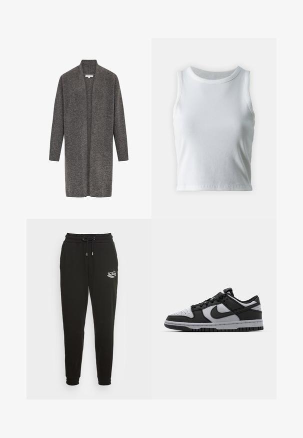 Grijze cardigan van zachte wol, met een open voorkant, lange mouwen en geribbelde manchetten. Heeft een comfortabele pasvorm en een minimalistische stijl.; Witte geribde tanktop met een ronde halslijn en mouwloos ontwerp, voorzien van een rechte zoom en een gladde, rekbare textuur.; Von Dutch ELLIS - Trainingsbroek - black; Zwarte en grijze Nike Dunk lage sneakers met geperforeerde neus, gladde leren accenten en rubberen zool met een gestructureerd profiel.