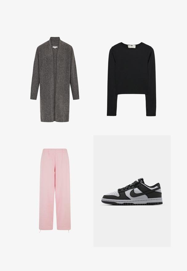 Grå cardigan i mjuk ull, med öppen framsida, långa ärmar och ribbade ärmslut. Har en avslappnad passform och en minimalistisk stil.; Svart långärmad croptop i lättviktsmaterial, med rund halsringning och figurnära siluett, med rena sömmar och utan dekorationer.; Ljust rosa sweatpants gjorda av mjukt tyg, med elastisk midja, rak ben-design och justerbara dragsnören vid fållen.; Svarta och grå Nike Dunk låga sneakers med perforerat tåparti, släta läderaccenter och gummisula med strukturerat mönster.