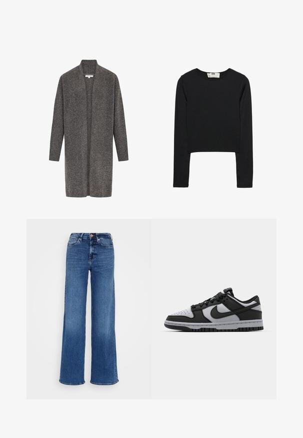 Grå cardigan i mjuk ull, med öppen framsida, långa ärmar och ribbade ärmslut. Har en avslappnad passform och en minimalistisk stil.; Svart långärmad croptop i lättviktsmaterial, med rund halsringning och figurnära siluett, med rena sömmar och utan dekorationer.; Vida blå jeans gjorda av denim, med hög midja, fem fickor och knappstängning. Subtila blekningar och sömnadsdetaljer syns.; Svarta och grå Nike Dunk låga sneakers med perforerat tåparti, släta läderaccenter och gummisula med strukturerat mönster.