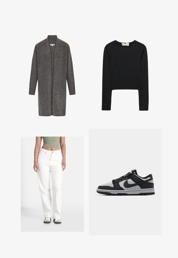 Grauer Cardigan aus weicher Wolle, offenes Vorderdesign, lange Ärmel und gerippte Bündchen. Bietet einen lässigen Schnitt und einen minimalistischen Stil.; Schwarzes Langarm-Crop-Top aus leichtem Stoff, mit rundem Ausschnitt und taillierter Silhouette, sauberen Nähten und ohne Verzierungen.; Weiße Denim-Jeans in lässiger Passform, mit Knopfverschluss, fünf Taschen und einer leicht texturierten Oberfläche. Kombiniert mit lässigem Schuhwerk.; Schwarze und graue Nike Dunk Low-Top-Sneaker mit perforierter Zehenpartie, glatten Lederakzenten und Gummisohle mit strukturiertem Profil.
