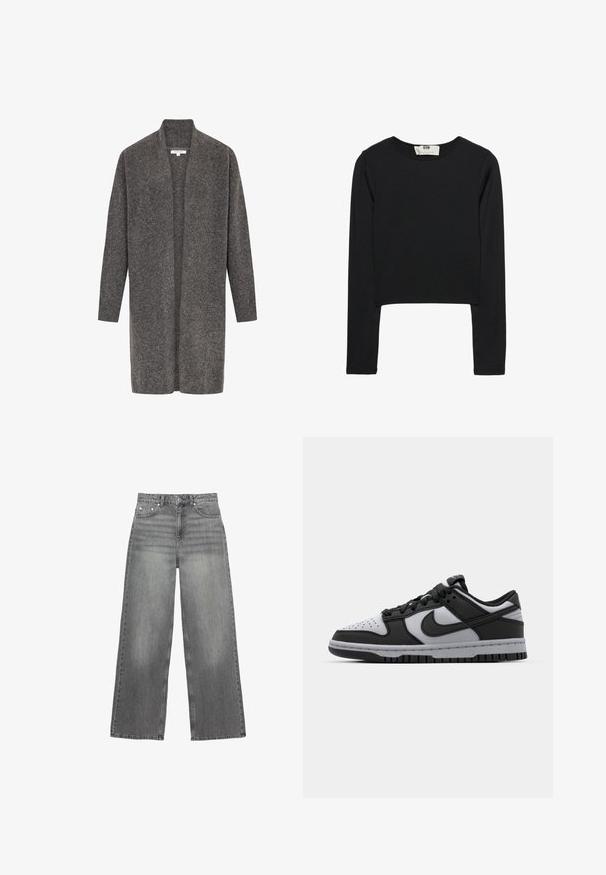 Grauer Cardigan aus weicher Wolle, offenes Vorderdesign, lange Ärmel und gerippte Bündchen. Bietet einen lässigen Schnitt und einen minimalistischen Stil.; Schwarzes Langarm-Crop-Top aus leichtem Stoff, mit rundem Ausschnitt und taillierter Silhouette, sauberen Nähten und ohne Verzierungen.; Graue weite Jeans aus Denim, mit einem mittelhohen Bund, fünf Taschen und subtiler Ausbleichung an den Beinen.; Schwarze und graue Nike Dunk Low-Top-Sneaker mit perforierter Zehenpartie, glatten Lederakzenten und Gummisohle mit strukturiertem Profil.
